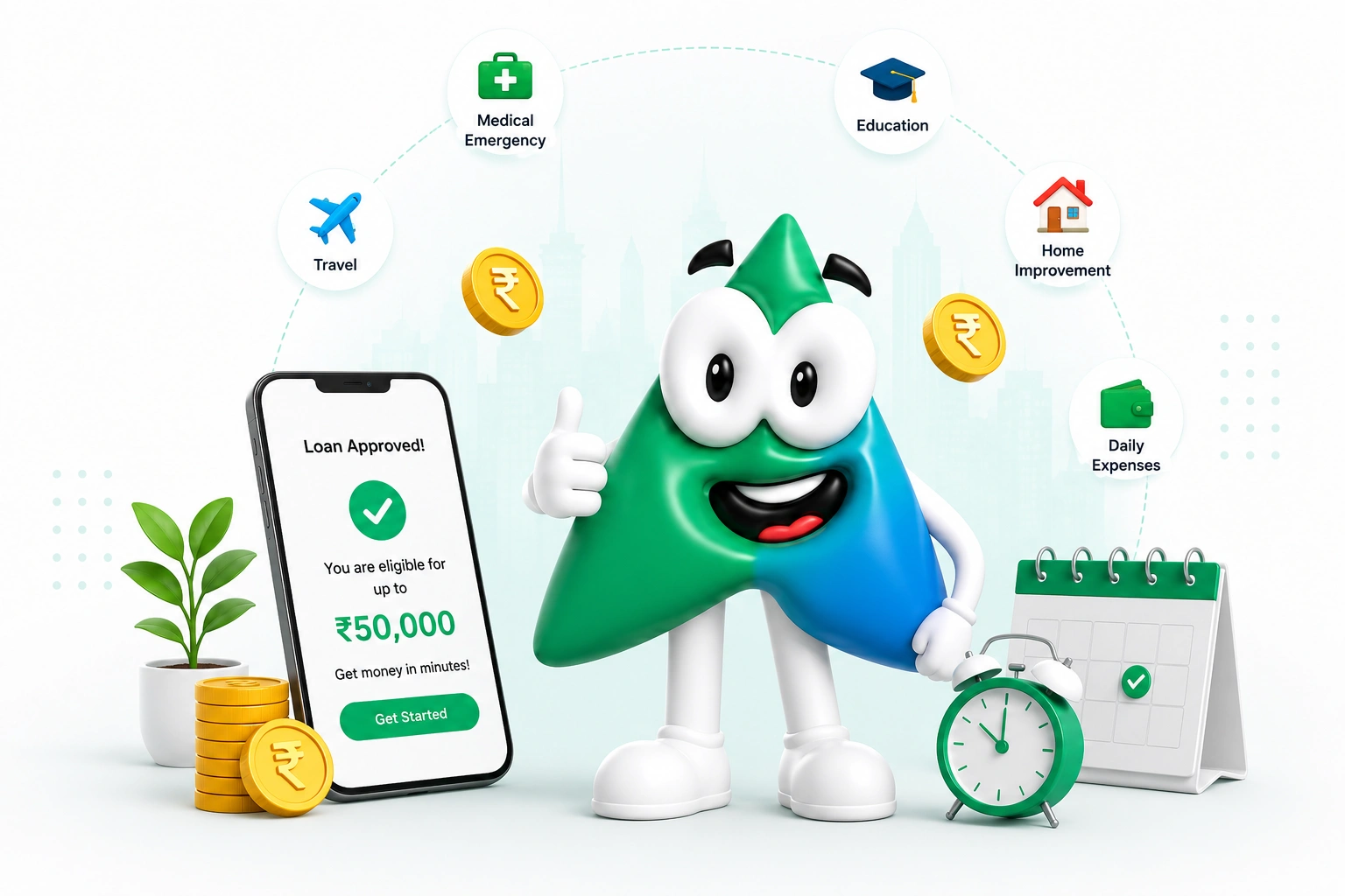Quikkred mascot showing a loan approved for up to ₹50,000, surrounded by loan use-cases: travel, medical emergency, education, home improvement and daily expenses
